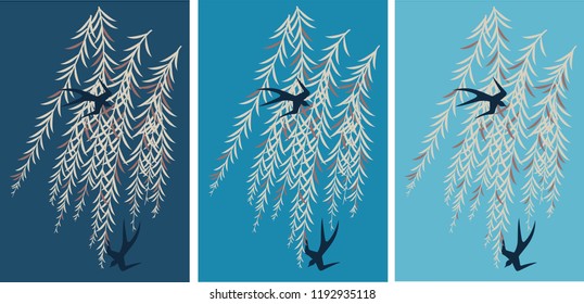 Stork with and tree seamless patterns Japanese vector.
