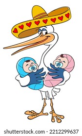 Stork with twins. Vector color image of a Mexican stork with twins, isolated on white. Stork in the form of a Mexican in a hat. Twins boy and girl.