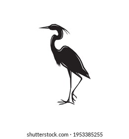 Stork vector illustration black silhouette. Crane vector illustration black silhouette. Heron design flat profile views isolated on white background. Editable flamingo birds template clip art symbol.