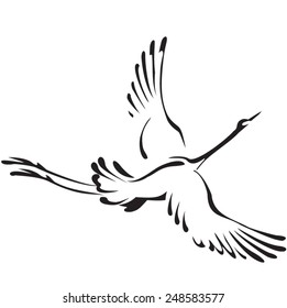 Stork. Vector sign. Black and white silhouette of a stork. Flying stork.