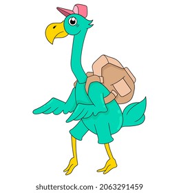 the stork is walking carrying a large backpack while distributing letters, vector illustration art. doodle icon image kawaii.