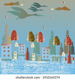Storks with a baby in the evening sky against a background of blue and green shades.  Vector.