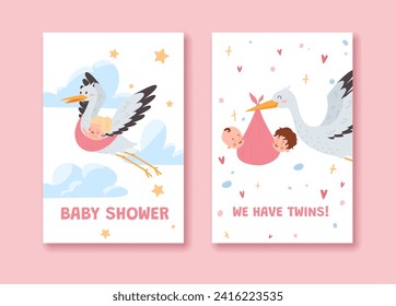 Storks carries babies, fly in cloudy sky, cartoon style vector illustration. Big happy birds fly and holds a bundle with a newborn children. Design cards or posters for baby shower party