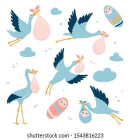 Storks carry children to their parents. Flying birds. Vector illustration on a white isolated background.