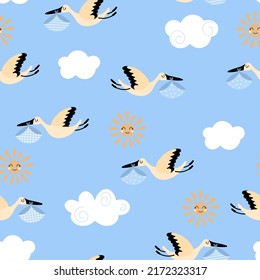 Storks carrying newborn babies seamless pattern with clouds and sun in the background. Design for baby textiles packaging or wallpapers in vector.