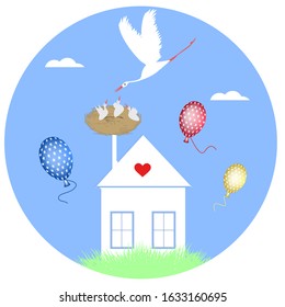 Storks - family, nest with chicks on the roof of the house, balloons - vector. The world of birds. Valentine's Day.