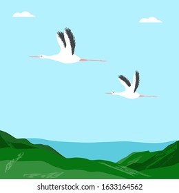 Storks fly in the blue sky, mountains, river - illustration, vector. The world of birds. Spring landscape.