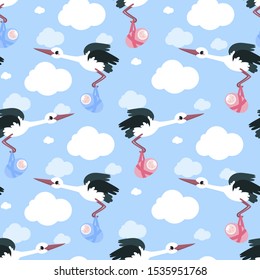 Storks fly in the sky and carry parcels with babies. Children's seamless pattern. Vector