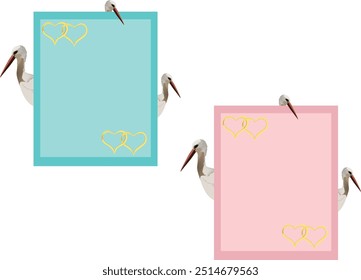 Storks holding blank sign boards with golden hearts and copy space for baby gender reveal party