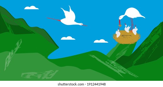 Storks - nest, chicks, family - vector. The world of birds. Spring landscape.