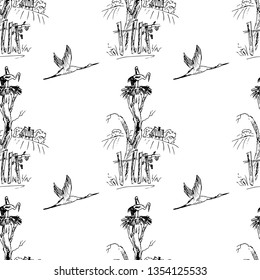 Storks in the nest on the tree. Seamless pattern. Vector illustration.