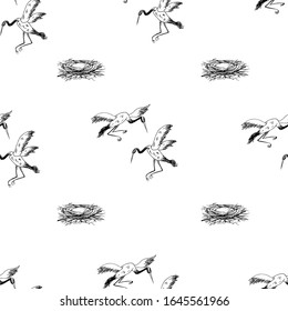 Storks and nests. Seamless pattern. Vector illustration for greetings, invitations.