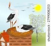 Storks on nest  wading birds vector illustration editable hand draw