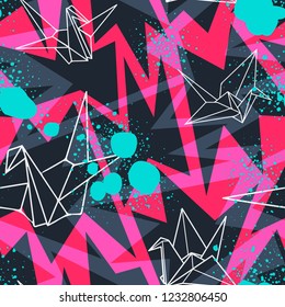 Storks in origami with abstract geometric background. Vector seamless pattern