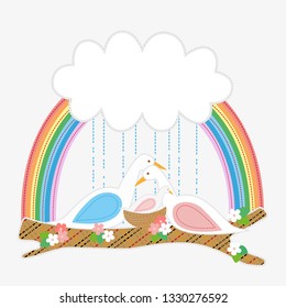 
Storks sit on a tree branch on the background of a rainbow, cloud and rain. Vector illustration.