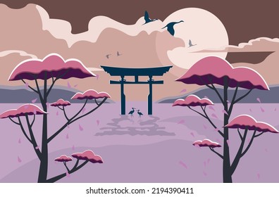 Cigüeñas al atardecer - Ilustración paisajística