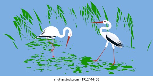 Storks - two birds on an abstract background - vector. The world of birds. Spring landscape.