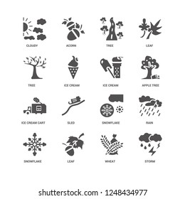 Storm, Apple tree, Ice cream, Snowflake, Rain, Cloudy, Tree, cream cart, Wheat, Leaf, Tree icon 16 set EPS 10 vector format. Icons optimized for both large and small resolutions.