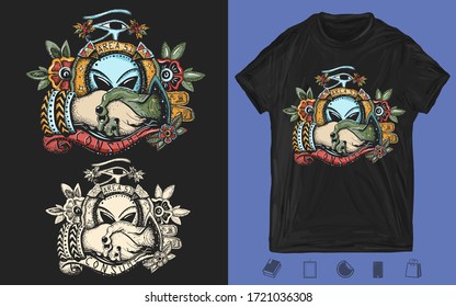 Storm area 51. Paleocontact. Aliens and people. UFO, conspiracy theory. Creative print for dark clothes. T-shirt design. Template for posters, textiles, apparels 