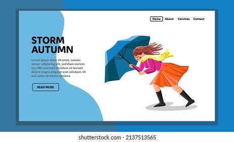 In Storm Autumn Weather Walking Young Girl Vector. Woman With Umbrella Accessory Try To Walk In Rainy And Windy Storm Autumn. Character Lady Strong Wind Web Flat Cartoon Illustration