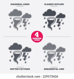 Storm bad weather sign icon. Clouds with thunderstorm. Gale hurricane symbol. Destruction and disaster from wind. Diagonal and horizontal line, classic outline, dotted texture. Pattern design.  Vector
