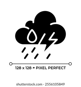 Storm black glyph icon. Weather forecast. Cloud with raindrops and lightning bolt. Thunderstorm. Severe weather. Silhouette symbol on white space. Solid pictogram. Vector isolated illustration