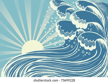 Storm in blue sea.Vector big waves in sun day