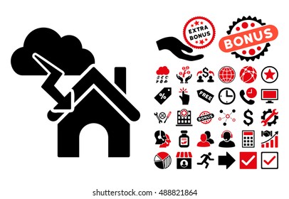 Storm Building icon with bonus design elements. Vector illustration style is flat iconic bicolor symbols, intensive red and black colors, white background.