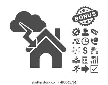 Storm Building icon with bonus elements. Vector illustration style is flat iconic symbols, gray color, white background.