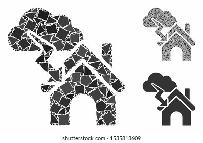 Storm building mosaic of abrupt parts in various sizes and color hues, based on storm building icon. Vector rough dots are combined into collage. Storm building icons collage with dotted pattern.