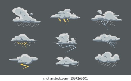 Storm cloud big set and rain   thunderstorm in cartoon style  Bad weather icon collection  Sky and rain
