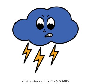 Sturmwolke Charakter mit Cartoon wütendes Gesicht. Groovy Aufkleber mit Thunder und Blitzsymbol. Wettersymbol. Emoji-Ausdruck. Retro-Vektorgrafik auf weißem Hintergrund