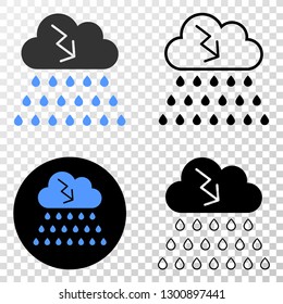 Storm cloud EPS vector pictogram with contour, black and colored versions. Illustration style is flat iconic symbol on chess transparent background.