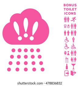 Storm Cloud icon and bonus gentleman and lady lavatory symbols. Vector illustration style is flat iconic symbols, pink color, white background.