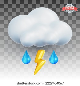 Storm cloud icon with lightning and raindrops on a transparent background. Realistic 3d vector illustration