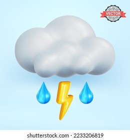 Storm cloud icon with lightning and raindrops over blue sky background. Realistic 3d vector illustration