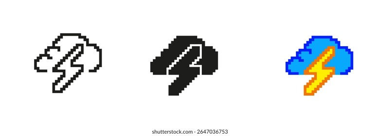 Storm Cloud Com Ícone Relâmpago Definido Na Pixel Art. Pixelated Thunderstorm Símbolo Meteorológico. Símbolo de Condições de Tempestade. Ilustração de vetor isolada.