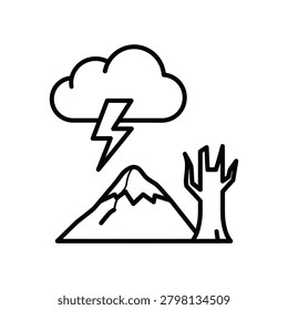 Storm cloud with lightning strike over a mountain and a dead tree icon Vector