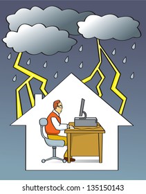 A storm cloud looming over a man using his home computer.