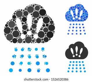 Storm cloud mosaic for storm cloud icon of filled circles in different sizes and color hues. Vector filled circles are grouped into blue mosaic. Dotted storm cloud icon in usual and blue versions.
