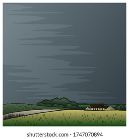Storm cloud. Rural landscape. Vector illustration