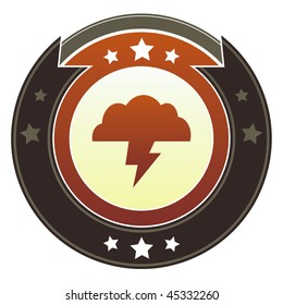 Storm cloud, trouble, or weather icon on round red and brown imperial vector button with star accents