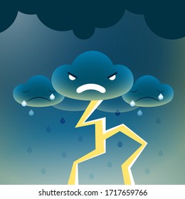 Storm. Clouds with lightning and raindrops on dark sky. Vector illustration.