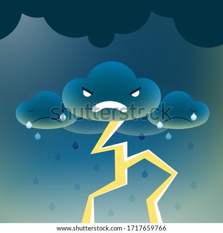 Storm. Clouds with lightning and raindrops on dark sky. Vector illustration.