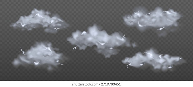 Nubes de tormenta con rayos sobre fondo transparente para gráficos de Clima y diseños atmosféricos. Formaciones esponjosas grises iluminadas por pernos eléctricos. Elementos aislados del cielo del Vector.