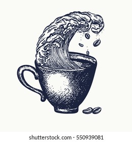 Storm in a cup of coffee tattoo and t-shirt design, surreal graphic. Coffee art idea 