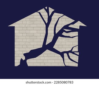 El tema de esta imagen es el daño por tormentas a una casa. Una casa de ladrillo está destrozada en forma de árbol dañado por la tormenta. Esta es una ilustración vectorial.