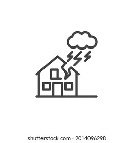 Storm Damage House Line Icon. Linear Style Sign For Mobile Concept And Web Design. Thunderstorm Disaster Outline Vector Icon. Symbol, Logo Illustration. Vector Graphics