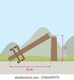 Storm damaged power pole broken into right triangle for Pythagorean theorem math exercise illustration
