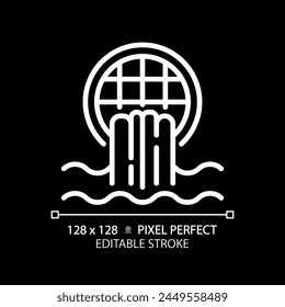 Storm drain white linear icon for dark theme. Wastewater runoff. Water management. Urban infrastructure. Thin line illustration. Isolated symbol for night mode. Editable stroke. Pixel perfect